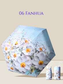 1 件超轻迷你口袋伞，创意油画和黑色涂层，6 折叠防紫外线防晒伞，平板伞防辐射，方便便携女士时尚且极具吸引力的花朵图案，适合晴天和雨天 - 時尚印花扁傘 - 查看 11