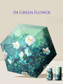 1 件超轻迷你口袋伞，创意油画和黑色涂层，6 折叠防紫外线防晒伞，平板伞防辐射，方便便携女士时尚且极具吸引力的花朵图案，适合晴天和雨天 - 時尚印花扁傘 - 查看 9