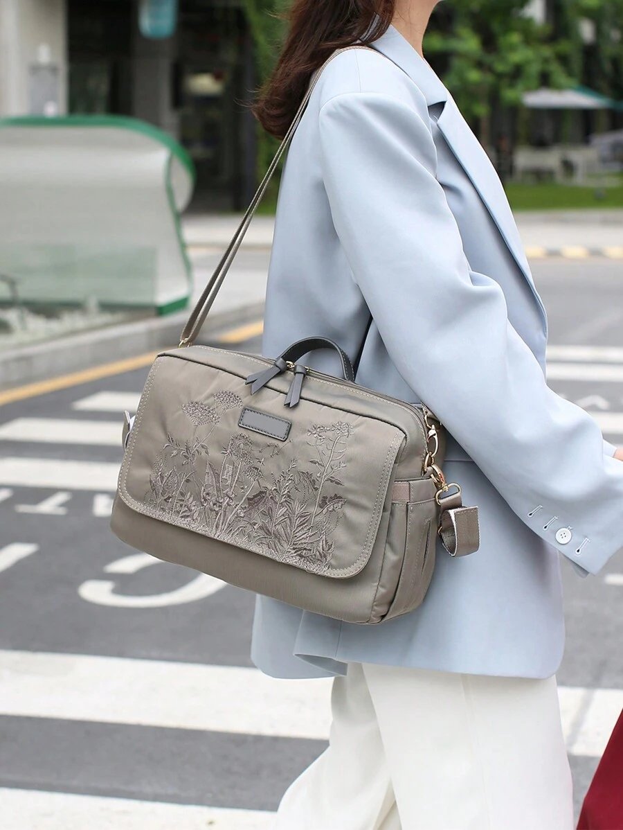 Bebé Bolsa de pañales de hombro flor & con bordado de hoja acrílico - Gris - Ver 1