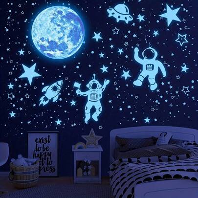 975pcs Glow In The Dark Moon, Astronaut, Planet Wall Stickers Decals For Bedroom, Ceiling, Gift (Blue, Green), Stickers, Wall Decal, Vinyl Decal For Home Decorations, Spring Decoration Items Refresh Your Home, Festival Decoration Stickers Gifts Birthday Graduation