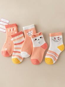 5 雙/包 女童加厚羊卡通印花中筒襪,適合秋冬日常穿著 - 彩色 - 查看 2
