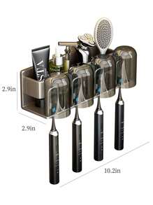 鐵灰色牙刷架具有牙杯掛鉤,可掛墻安裝的電動牙刷收納盒 - 黑色-三人 - 查看 8
