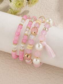 4pcs/Set Bohemian Style Multilayer Elastic Pink Beaded Handmade Bracelet Jewelry - Pink - View 2