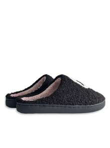 Women's Black Skull Decor Flat Indoor Slippers With Closed Toe, Winter Home Slippers