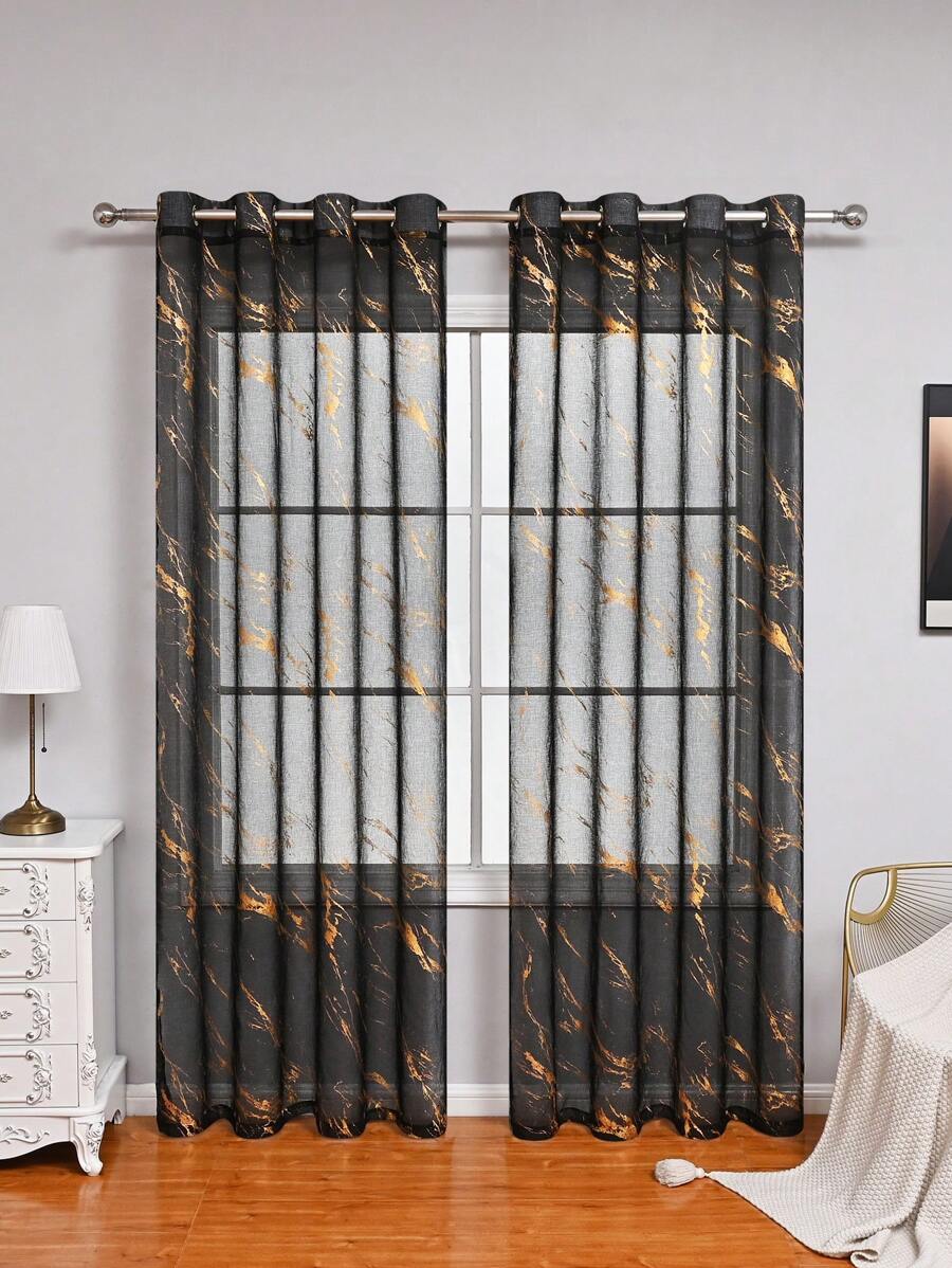 1入組現代北歐風格大理石紋裝飾窗紗帘配金色印花,適用於臥室和客廳 - 黑色 - 查看 1