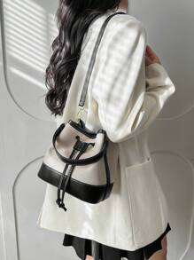 1 件 PU 皮革与帆布拼接抽绳女士手提包、单肩包和斜挎包，适合各种场合 - 黑色 - 查看 5