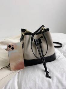 1 件 PU 皮革与帆布拼接抽绳女士手提包、单肩包和斜挎包，适合各种场合 - 黑色 - 查看 10