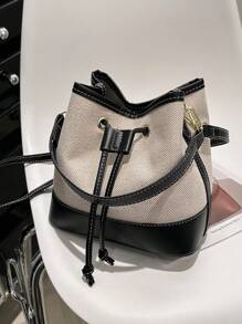 1 件 PU 皮革与帆布拼接抽绳女士手提包、单肩包和斜挎包，适合各种场合 - 黑色 - 查看 2