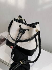 1 件 PU 皮革与帆布拼接抽绳女士手提包、单肩包和斜挎包，适合各种场合 - 黑色 - 查看 3