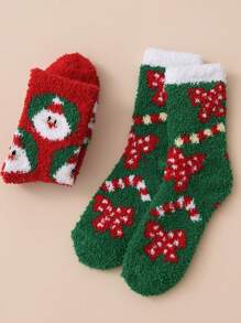 2對女士聖誕樹中筒襪,聖誕老人和馴鹿珊瑚絨聖誕長襪 - 彩色 - 查看 4