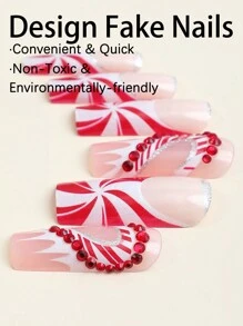 24 件聖誕長 XXL 方形按壓指甲，銀色雪花設計，全覆蓋棺材假指甲，帶丙烯酸指甲尖，人造膠，女式女孩聖誕指甲裝飾 - 彩色 - 查看 3