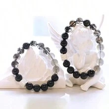 男士珠寶，天然水晶石，時尚禮物，925純銀，黑曜石，金曜石，黑曜毛晶，石珠彈性手繩10mm能量石手鍊，送男士父親的禮物 - 手鍊 - 查看 4