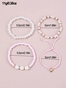 4pcs Girls Pearl, Seed Bead, Flower & Heart Charm Bracelets, Daily Accessories - Pink - View 5