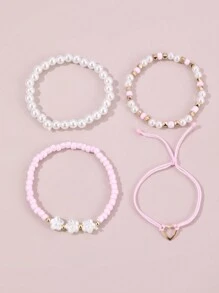 4pcs Girls Pearl, Seed Bead, Flower & Heart Charm Bracelets, Daily Accessories - Pink - View 3