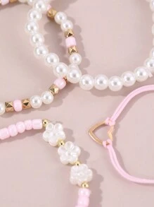 4pcs Girls Pearl, Seed Bead, Flower & Heart Charm Bracelets, Daily Accessories - Pink - View 4