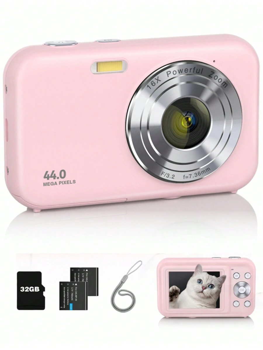 Máy ảnh kỹ thuật số , FHD 1080P Nọn nhẹ Máy chụp hình Với 32GB Thẻ , 2 Pin , Dây buộc , 16X Chống rung , 44MP Dễ thương Có thể mang đi Điểm Và Bắn Máy ảnh Qủa tặng Dành cho người mới bắt đầu ( Màu hồng ) - Hồng - Xem 1