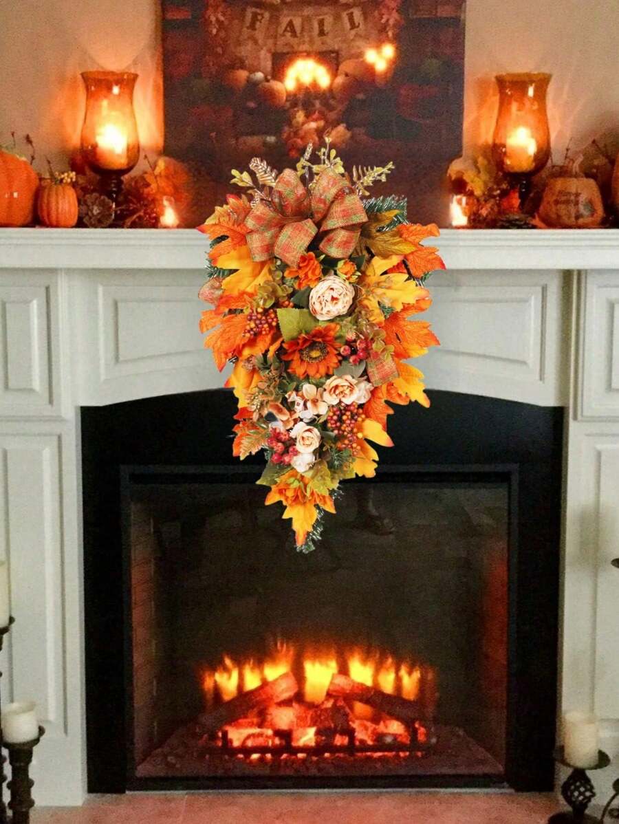 1Pc Halloween Decorations Garland Pumpkin Listing Fall Harvest Farmhouse Home Decor Sunflower Eucalyptus Berry Maple Leaf Thanksgiving Decorations For Anniversary Decor, Holiday Decor, Party Decor Supplies, Holiday Gifts For Spring Wreaths For Front Door Outside, Spring Flowers Artificial For Decoration, Apring - 香檳色 - 查看 1