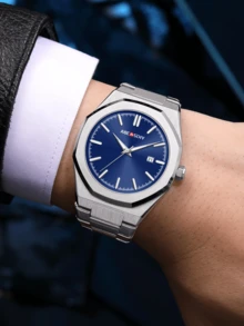 1入銀藍色時尚商務男士石英手錶