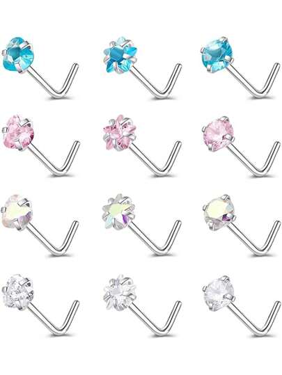 12 Unids/set De Aro De Nariz De Acero Inoxidable Con 3 Formas De Circonita Cúbica Y 4 Colores Cz Para Piercing De Nariz (estilo Hueso Y Tornillo)