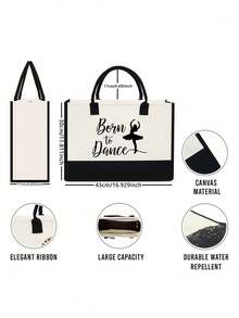 1個born To Dance圖案帆布手提包芭蕾女孩圖案手提包萬聖節和聖誕節舞者禮物 - 白色 - 查看 4