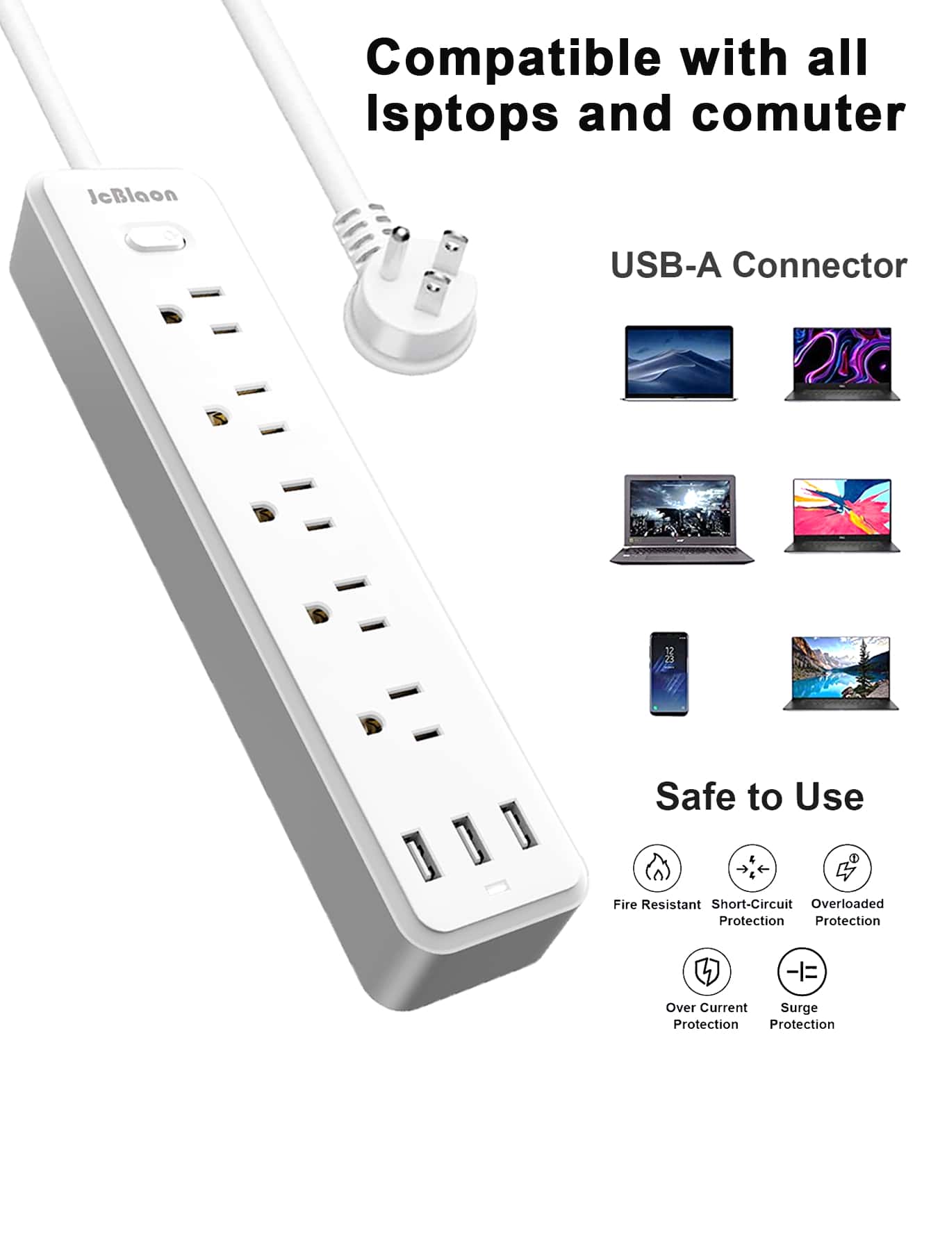 Surge Protector Power Strip 6 Feet, Flat Plug Extension Cord With 3 USB Ports And 5 AC Outlets