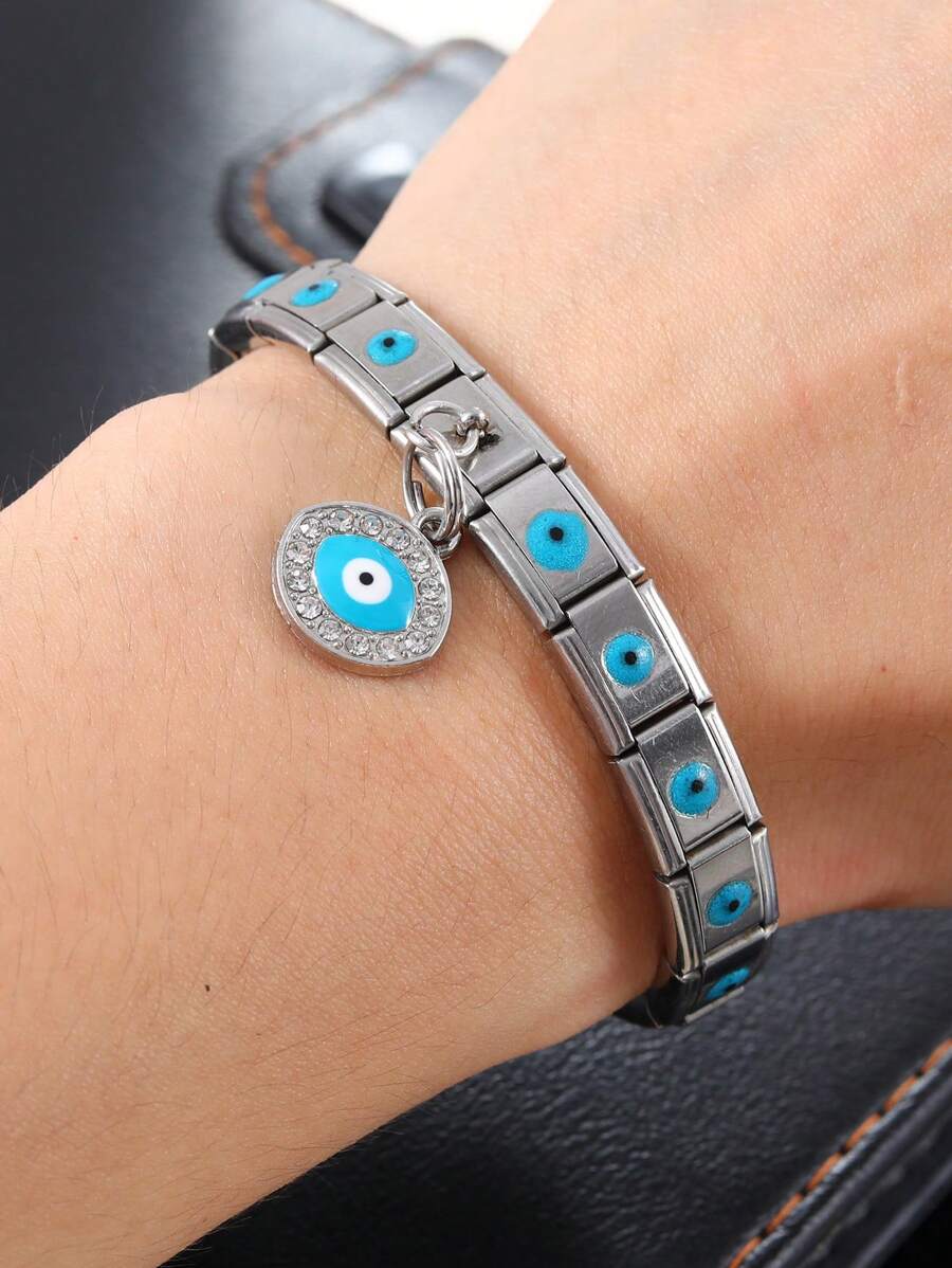 stainless steel evil eye charm Italian bracelet - Blue - View 1