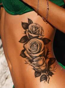 1pc Temporary Black Flower & Leaf Pattern Full Arm/chest/abdomen/back Cover Scars Tattoo Sticker - Black - View 2