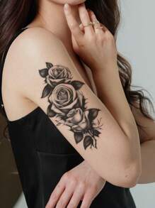 1pc Temporary Black Flower & Leaf Pattern Full Arm/chest/abdomen/back Cover Scars Tattoo Sticker - Black - View 4
