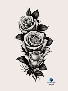 1pc Temporary Black Flower & Leaf Pattern Full Arm/chest/abdomen/back Cover Scars Tattoo Sticker - Black - View 3