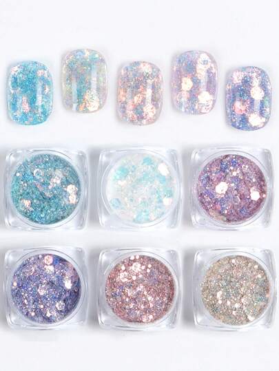 6件套美人鱼美甲亮片AB彩全息六边形闪粉UV凝胶美甲装饰DIY美甲饰品美甲用品