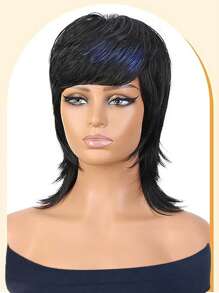 女款黑鯔魚假髮 精靈剪裁假髮帶劉海短直分層假髮 80 年代 90 年代合成耐熱頭髮替換假髮適合日常派對使用 - 黑色 - 查看 6