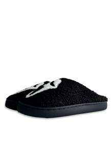 Women's Black Skull Decor Flat Indoor Slippers With Closed Toe, Winter Home Slippers