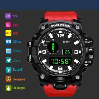 1pc Led Dial Fashionable Multifunctional Outdoor Unisex Running Sport Waterproof Electronic Watch With Night Light For Students