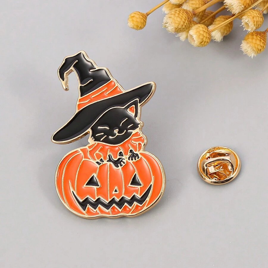 圣诞系列可爱、有趣、创意个性化合金南瓜、黑猫和朋克风格胸针，1枚，适合日常佩戴 - 款式一 - 查看 1