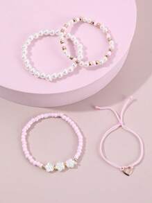 4pcs Girls Pearl, Seed Bead, Flower & Heart Charm Bracelets, Daily Accessories - Pink - View 2