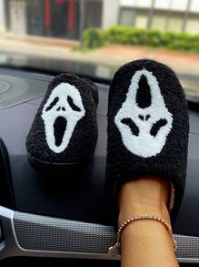 Women's Black Skull Decor Flat Indoor Slippers With Closed Toe, Winter Home Slippers