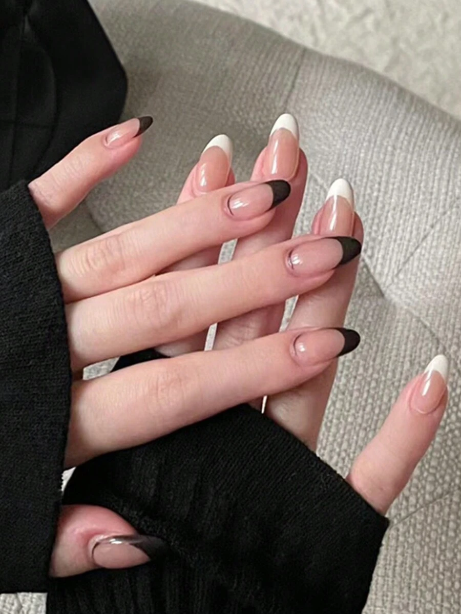 Juego De Uñas Postizas Con Forma De Almendra, Estilo Francés, Blanco Y Negro, Simple, 24 Uds., Para Uso Diario - Multicolor - Ver 1