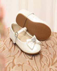 Mary Jane Front Bow Heart Rhinestone Buckle Ballerina Flat (Toddler/Little Girl) New - Apricot - View 4