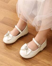 Mary Jane Front Bow Heart Rhinestone Buckle Ballerina Flat (Toddler/Little Girl) New - Apricot - View 2