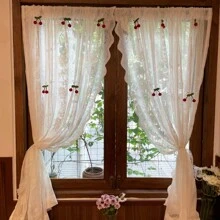 2入組法式浪漫白色蕾絲和可愛的櫻花薄紗窗簾 - 白色 - 查看 7
