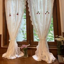 2入組法式浪漫白色蕾絲和可愛的櫻花薄紗窗簾 - 白色 - 查看 9