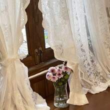 2入組法式浪漫白色蕾絲和可愛的櫻花薄紗窗簾 - 白色 - 查看 5