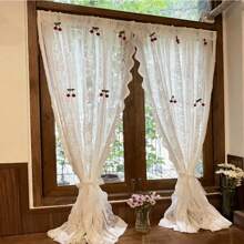 2入組法式浪漫白色蕾絲和可愛的櫻花薄紗窗簾 - 白色 - 查看 4