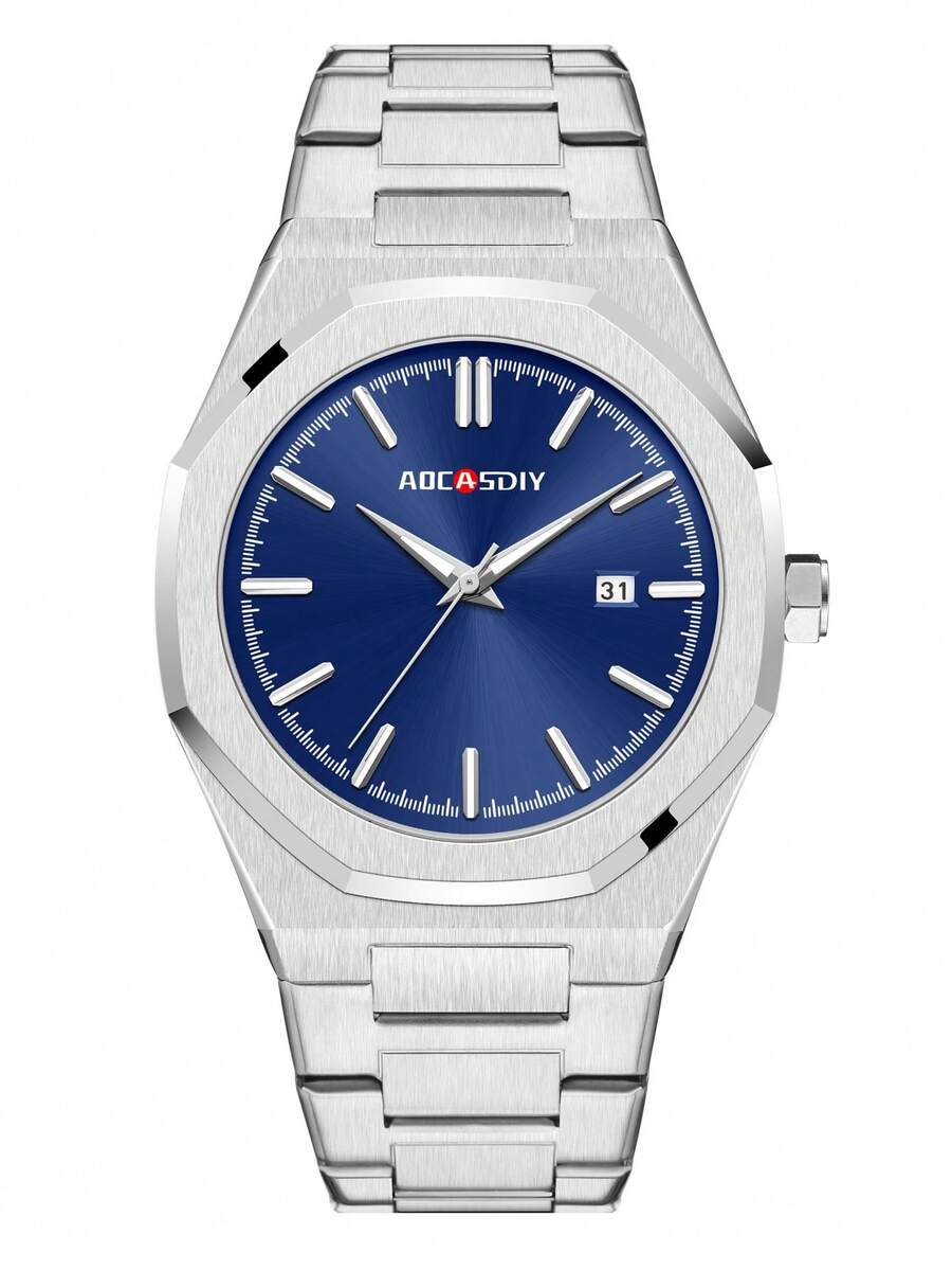 1入銀藍色時尚商務男士石英手錶