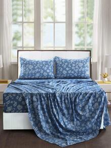 Lux Decor 4-Piece Floral Bed Sheet Set, High GSM Brushed Microfiber Bedding With 16-Inch Deep Pocket Fitted Sheet, Soft Cozy Breathable Bed Sheets And Pillowcases, Easy Care Bedding For Bedroom, Guest Room And Dorm - 藏蓝色 - 查看 1