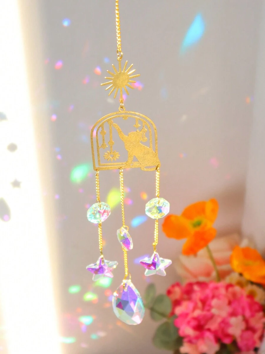 1 件水晶捕夢網裝飾,附女巫、蝙蝠、南瓜、幽靈、貓設計,適合萬聖節派對裝飾