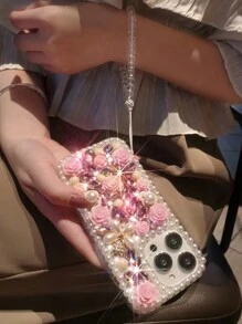 Valentines Sequins Fashion Luxury Faux Pearl Trim & Rhinestones Decor Crystal Bracelet Phone Case Compatible With Iphone 16 Pro Max, XR Waterproof Shockproof Anti-Fall Scratch Resistant - Pink - View 4