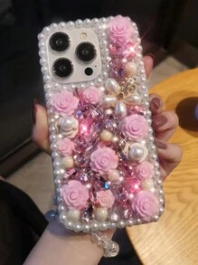 Valentines Sequins Fashion Luxury Faux Pearl Trim & Rhinestones Decor Crystal Bracelet Phone Case Compatible With Iphone 16 Pro Max, XR Waterproof Shockproof Anti-Fall Scratch Resistant - Pink - View 3