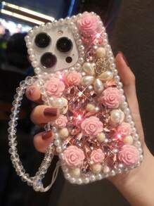 Valentines Sequins Fashion Luxury Faux Pearl Trim & Rhinestones Decor Crystal Bracelet Phone Case Compatible With Iphone 16 Pro Max, XR Waterproof Shockproof Anti-Fall Scratch Resistant - Pink - View 2