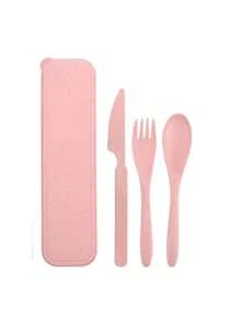 Set Cubiertos Portatiles Con Estuche Ecologicos Fibra Trigo Cuchara tenedor cuchillo estuche transportador comida - Rosa - Ver 10